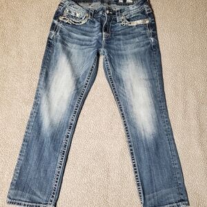 Miss Me Mid Rise Embroidered Bling Denim Easy Crop Jeans Y2K women Sz 29